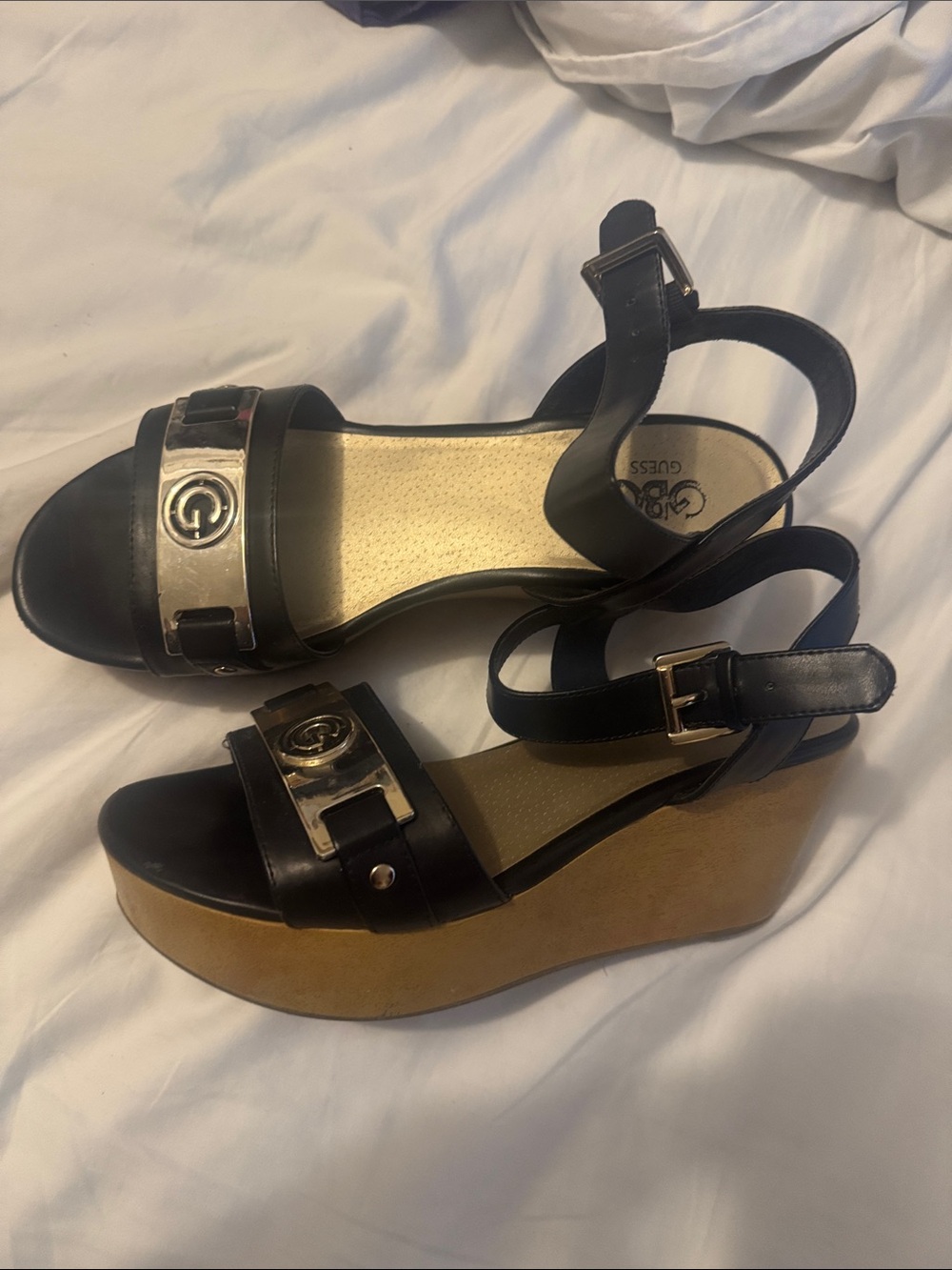 Guess Black Leather Wedge Sandals with Gold Accent